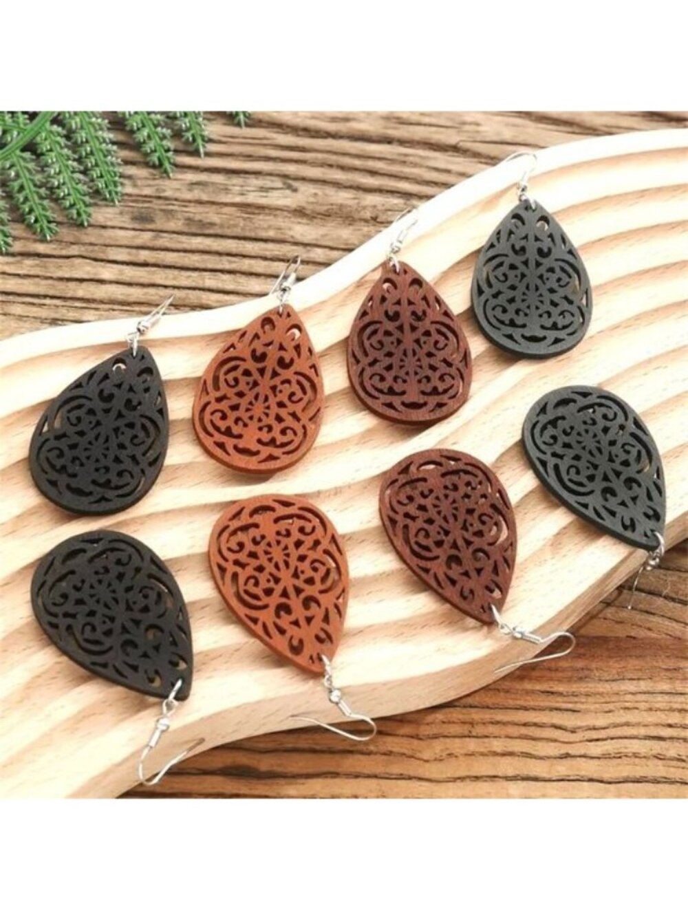 Ornate Earrings Wood 4pr Hollow Cut Out Dangle Boho Trendy Stylish Casual Earthy